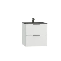 Tiger Studio Badkamermeubel 60 Cm Hoogglans Wit Met Wastafel Polybeton Mat Zwart Greep Rvs Plat